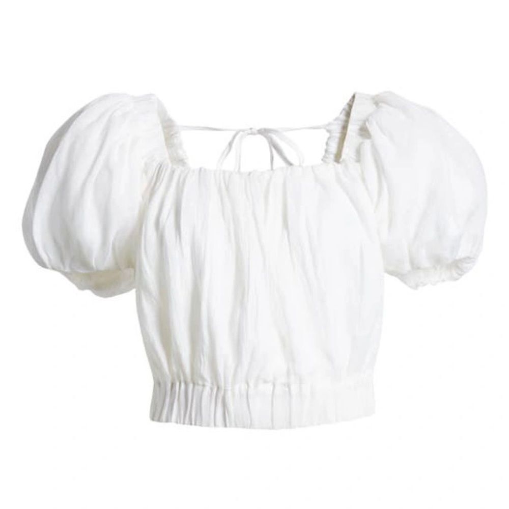 Frame Ruched Crop‎ Puff Sleeve Blouse in Blanc Size Medium